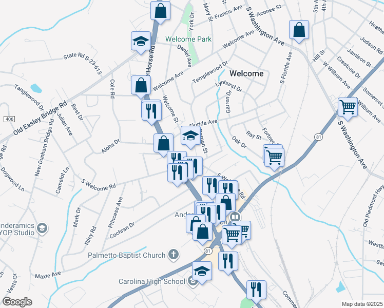 map of restaurants, bars, coffee shops, grocery stores, and more near 36 East Welcome Road in Greenville