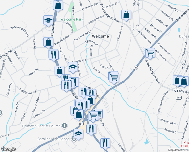 map of restaurants, bars, coffee shops, grocery stores, and more near 12 Juanita Court in Greenville