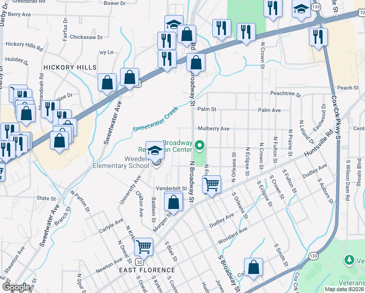 map of restaurants, bars, coffee shops, grocery stores, and more near 500-598 Short Street in Florence