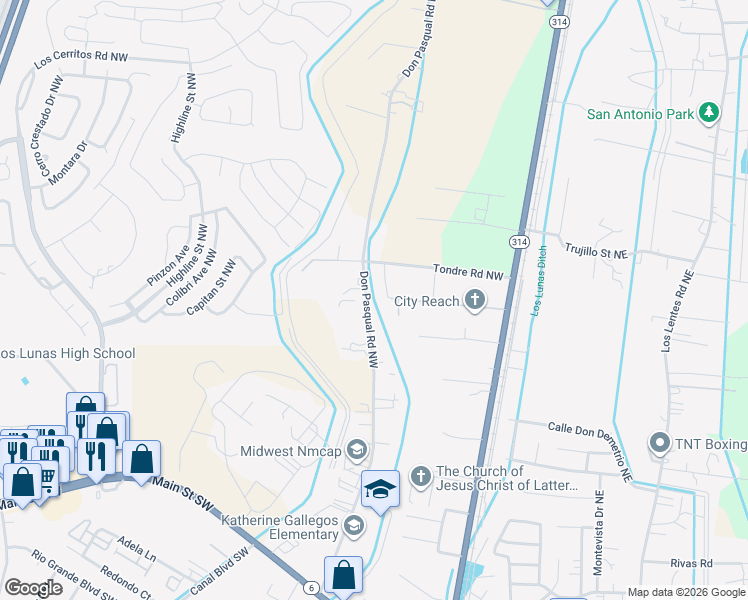 map of restaurants, bars, coffee shops, grocery stores, and more near 1160 Don Pasqual Road Northwest in Los Lunas