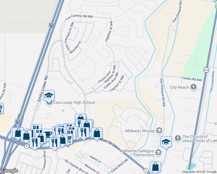 map of restaurants, bars, coffee shops, grocery stores, and more near 1020 Colibri Avenue Northwest in Los Lunas