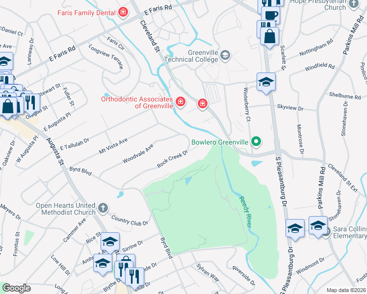 map of restaurants, bars, coffee shops, grocery stores, and more near 81 Rock Creek Drive in Greenville