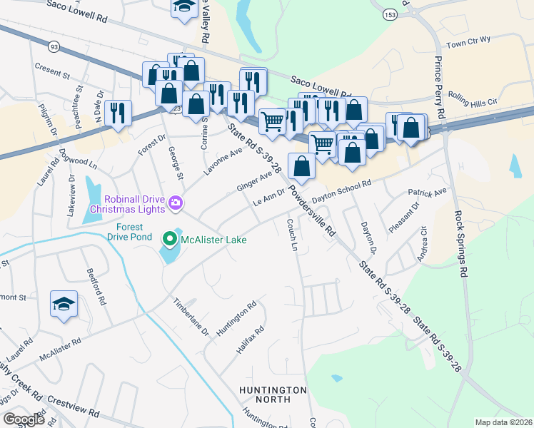 map of restaurants, bars, coffee shops, grocery stores, and more near 1109 McAlister Road in Easley