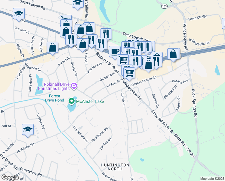 map of restaurants, bars, coffee shops, grocery stores, and more near 1109 McAlister Road in Easley