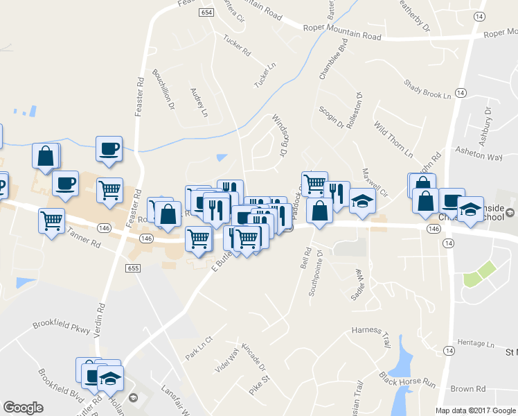 map of restaurants, bars, coffee shops, grocery stores, and more near Rocky Creek Road in Greenville