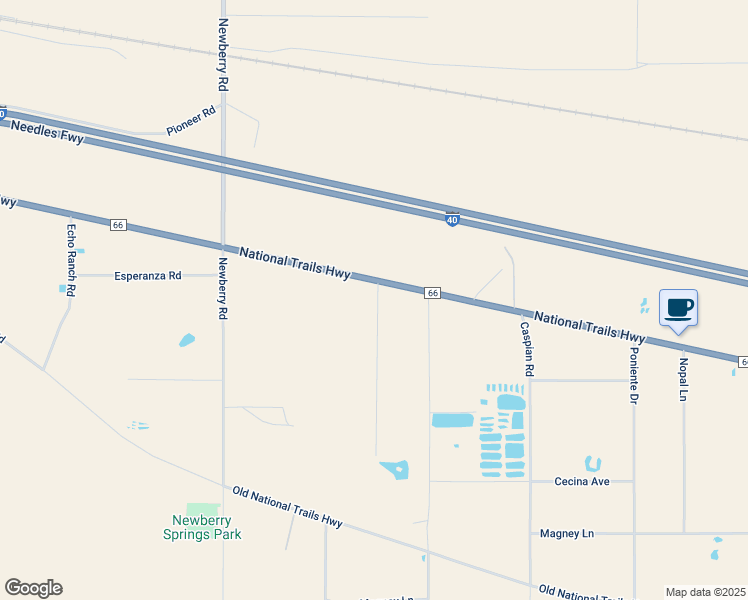 map of restaurants, bars, coffee shops, grocery stores, and more near 45985 National Trails Highway in Newberry Springs