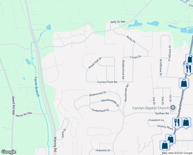 map of restaurants, bars, coffee shops, grocery stores, and more near 100 Greenleaf Circle in Dalton
