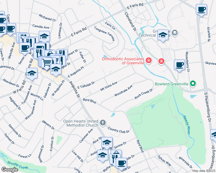 map of restaurants, bars, coffee shops, grocery stores, and more near 99 Mount Vista Avenue in Greenville