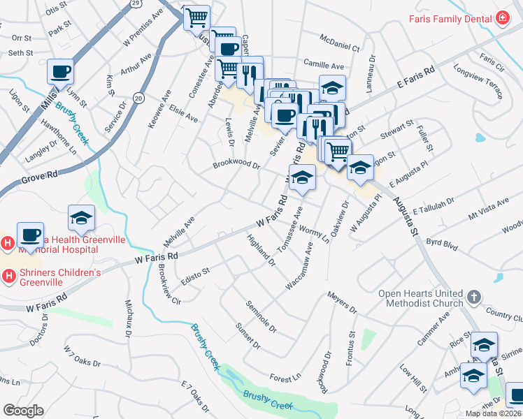 map of restaurants, bars, coffee shops, grocery stores, and more near 410 Aberdeen Drive in Greenville