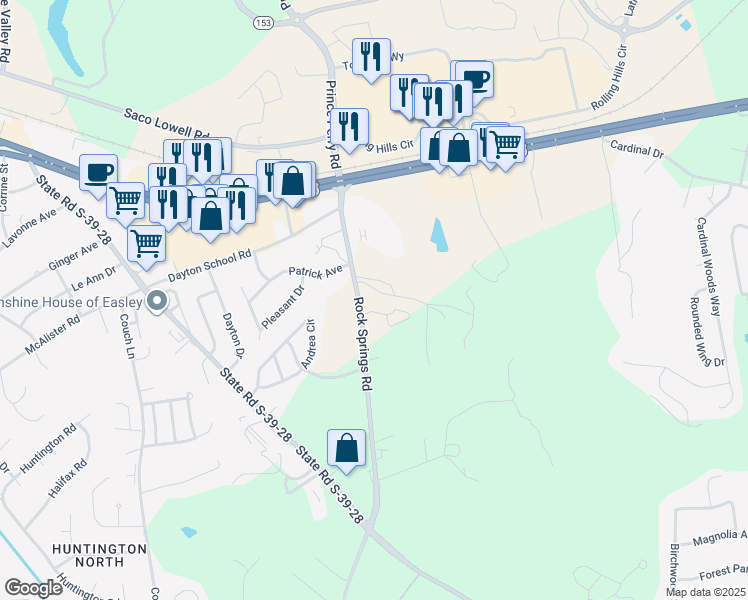 map of restaurants, bars, coffee shops, grocery stores, and more near 323 Rock Springs Road in Easley