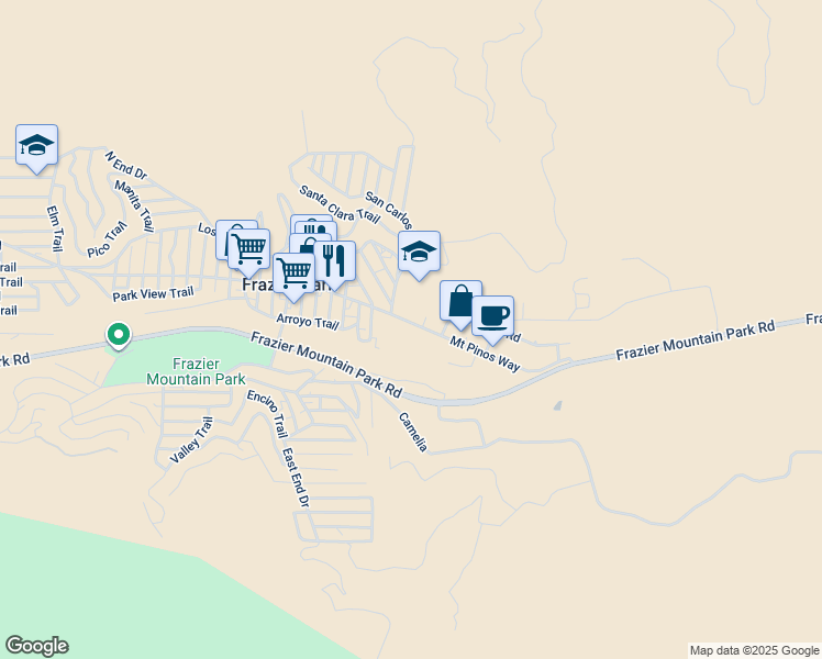 map of restaurants, bars, coffee shops, grocery stores, and more near 3216 Mount Pinos Way in Frazier Park