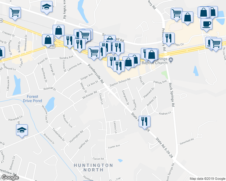 map of restaurants, bars, coffee shops, grocery stores, and more near 102 Hillandale Drive in Easley