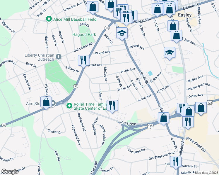 map of restaurants, bars, coffee shops, grocery stores, and more near 303 McCoy Street in Easley