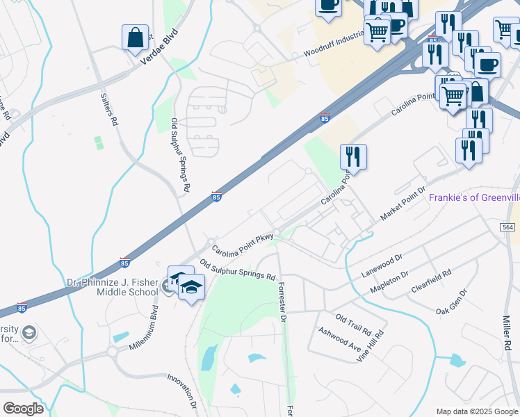 map of restaurants, bars, coffee shops, grocery stores, and more near 200 Carolina Point Parkway in Greenville