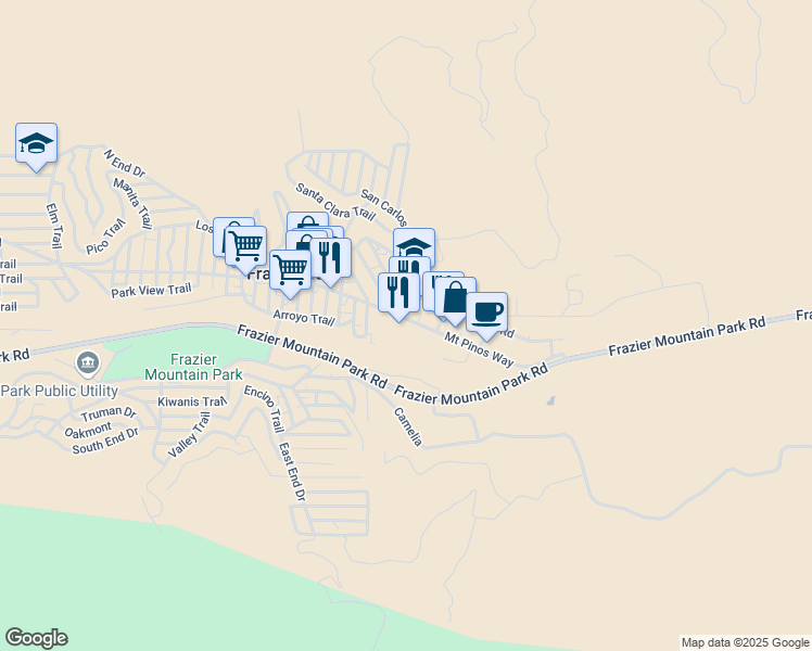 map of restaurants, bars, coffee shops, grocery stores, and more near 3216 Mount Pinos Way in Frazier Park
