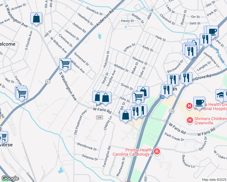 map of restaurants, bars, coffee shops, grocery stores, and more near 69 SC-23-5 in Greenville