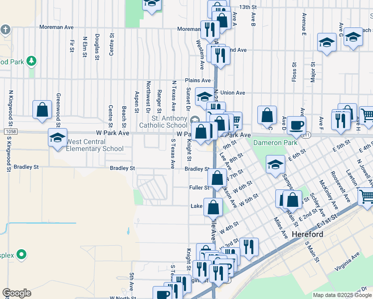map of restaurants, bars, coffee shops, grocery stores, and more near 819 Knight Street in Hereford