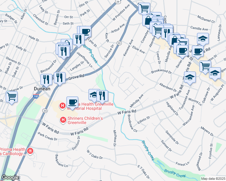 map of restaurants, bars, coffee shops, grocery stores, and more near 216 Sandpiper Way in Greenville