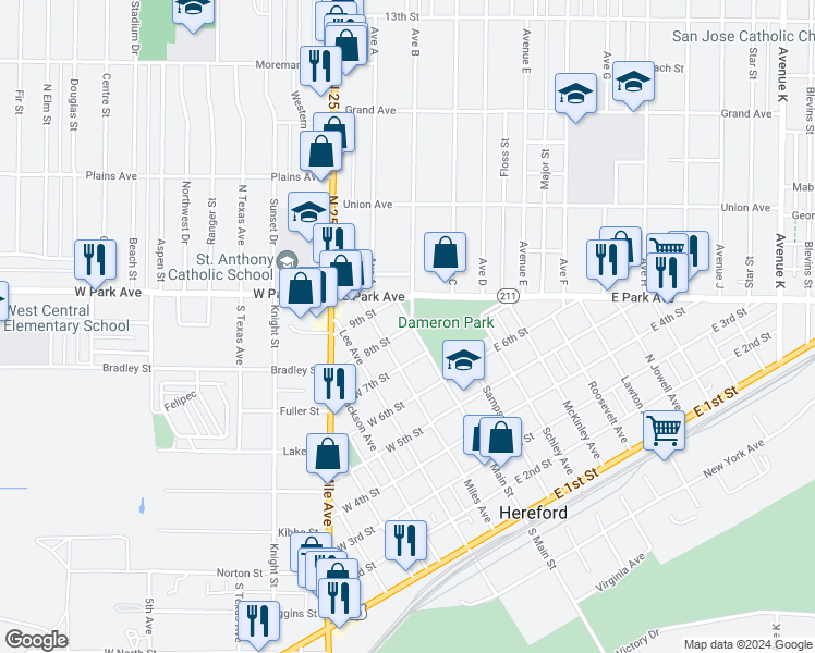 map of restaurants, bars, coffee shops, grocery stores, and more near in Hereford