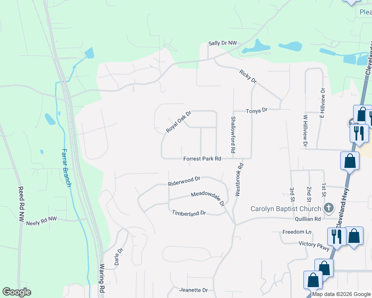 map of restaurants, bars, coffee shops, grocery stores, and more near 100 Greenleaf Circle in Dalton