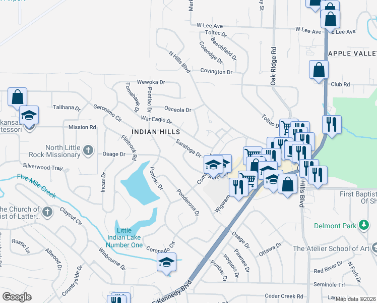 map of restaurants, bars, coffee shops, grocery stores, and more near 1808 Saratoga Drive in North Little Rock