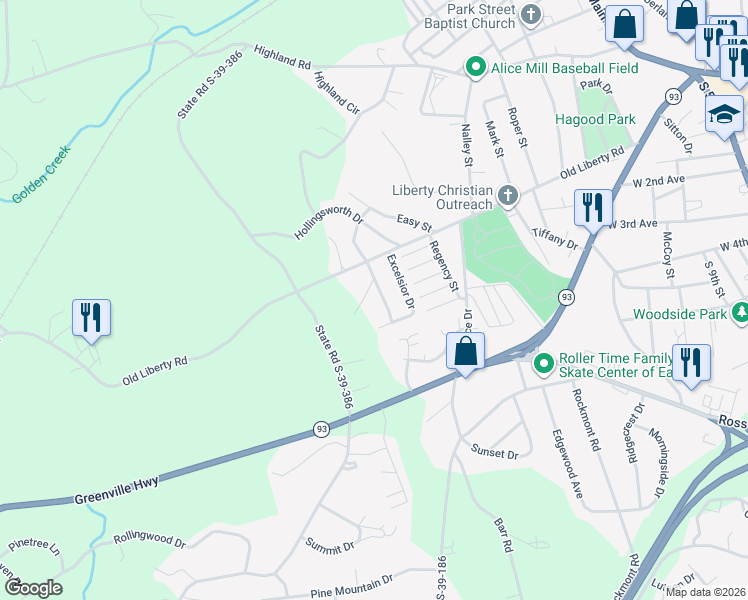 map of restaurants, bars, coffee shops, grocery stores, and more near 111 Nottingham Lane in Easley