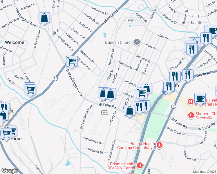 map of restaurants, bars, coffee shops, grocery stores, and more near 77 Smythe Avenue in Greenville
