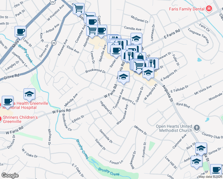 map of restaurants, bars, coffee shops, grocery stores, and more near 210 West Faris Road in Greenville