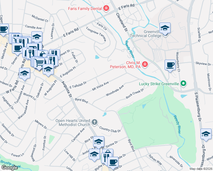map of restaurants, bars, coffee shops, grocery stores, and more near 104 Mount Vista Avenue in Greenville