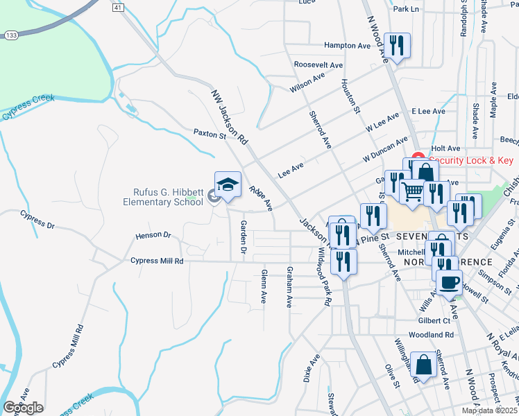 map of restaurants, bars, coffee shops, grocery stores, and more near 1507-1599 Ridge Avenue in Florence