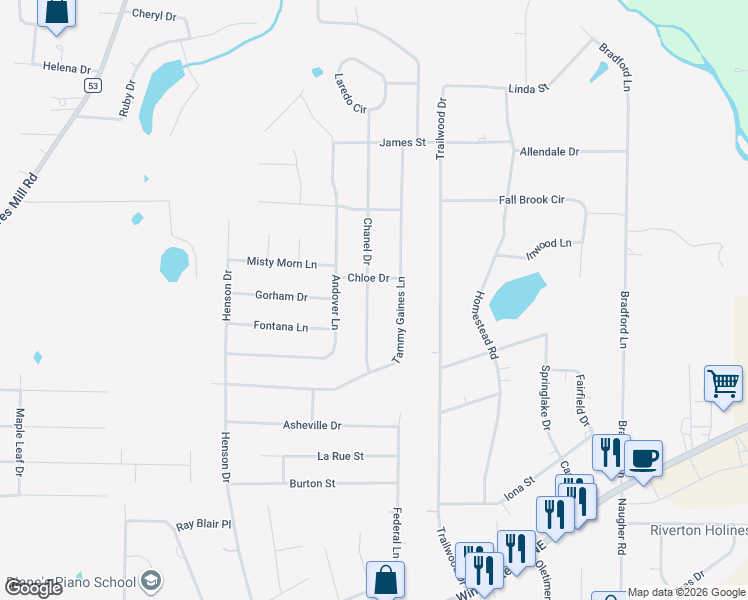 map of restaurants, bars, coffee shops, grocery stores, and more near 155 Chanel Drive in Huntsville