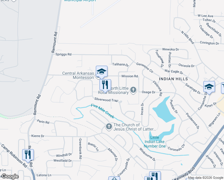 map of restaurants, bars, coffee shops, grocery stores, and more near 26 Silverwood Court in North Little Rock