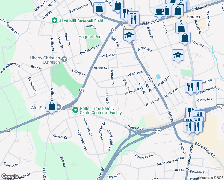 map of restaurants, bars, coffee shops, grocery stores, and more near 303 McCoy Street in Easley