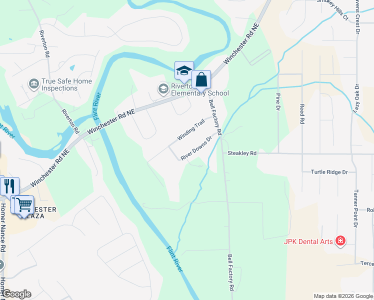 map of restaurants, bars, coffee shops, grocery stores, and more near 122 River Downs Drive in Huntsville