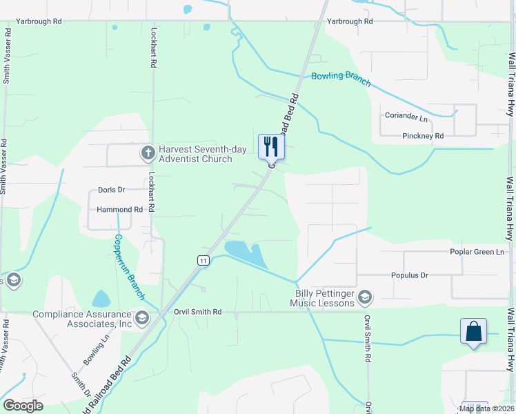 map of restaurants, bars, coffee shops, grocery stores, and more near 3465 Old Railroad Bed Road in Harvest