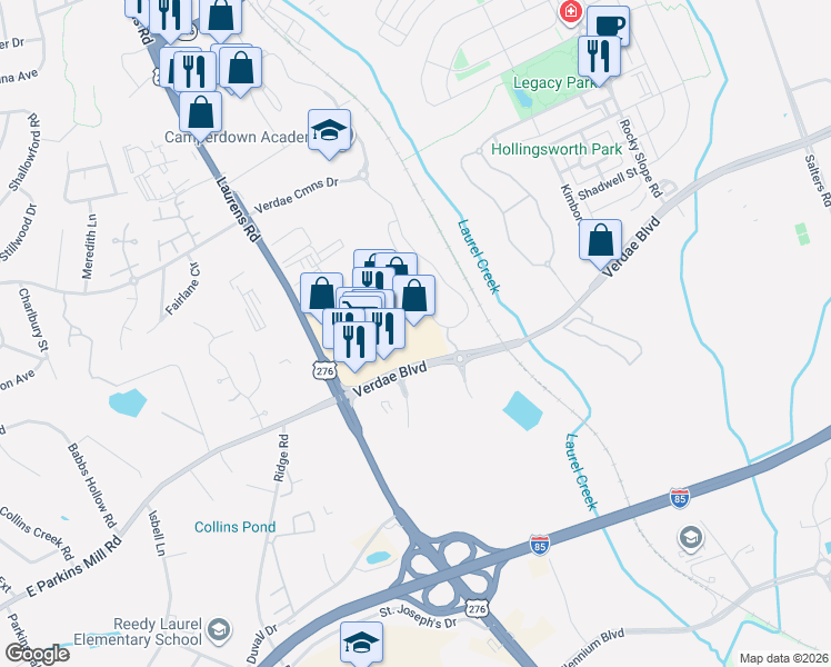 map of restaurants, bars, coffee shops, grocery stores, and more near 215 Verdae Boulevard in Greenville