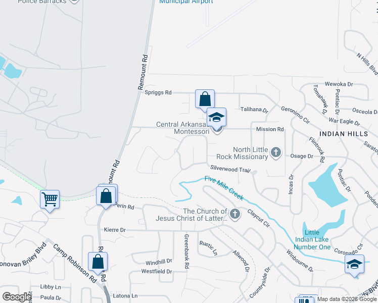 map of restaurants, bars, coffee shops, grocery stores, and more near 2 Shady Valley Court in North Little Rock