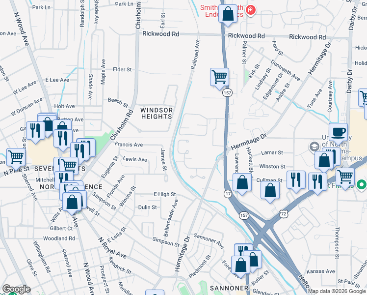 map of restaurants, bars, coffee shops, grocery stores, and more near 1275 Hermitage Drive in Florence