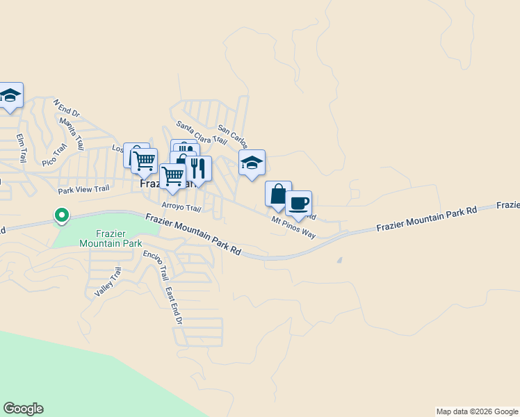 map of restaurants, bars, coffee shops, grocery stores, and more near 3205 Mount Pinos Way in Frazier Park
