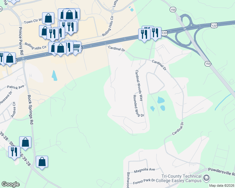 map of restaurants, bars, coffee shops, grocery stores, and more near 119 Rabbit Trail in Easley