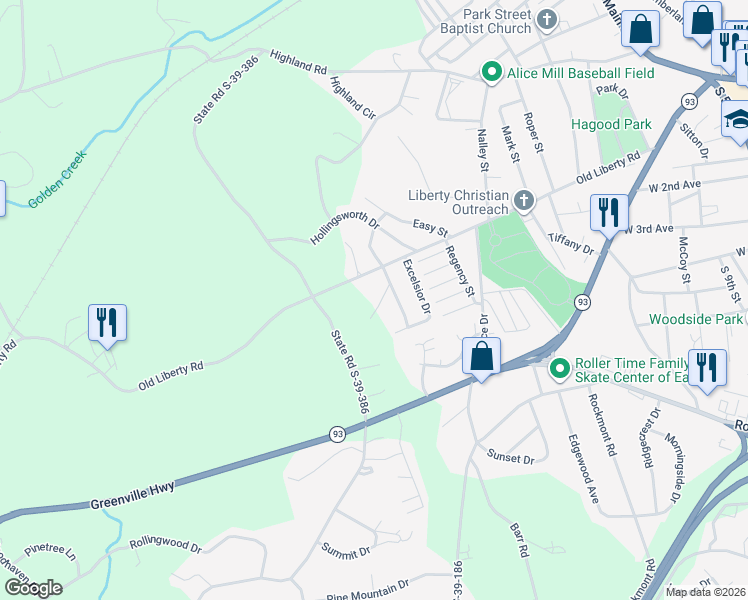 map of restaurants, bars, coffee shops, grocery stores, and more near 108 Poplar Way in Easley