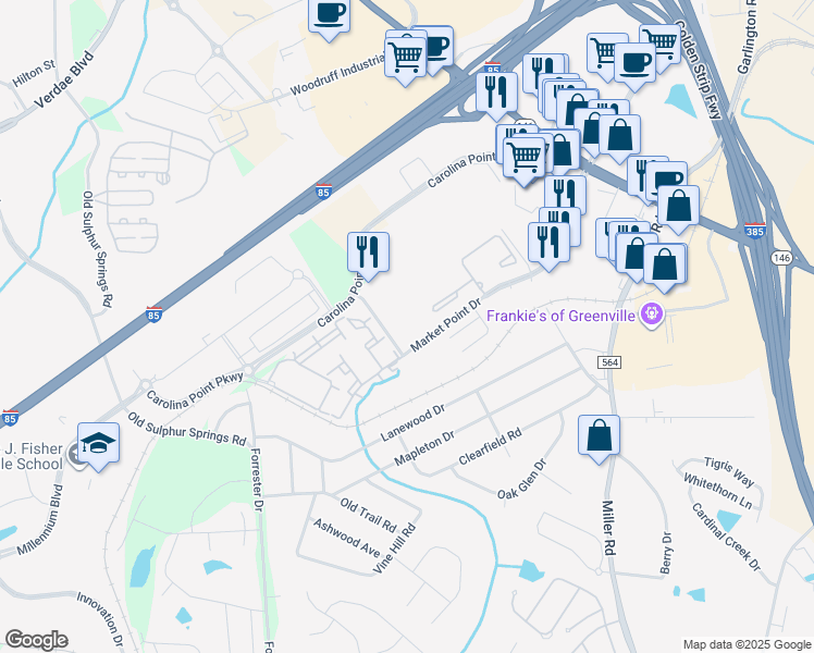 map of restaurants, bars, coffee shops, grocery stores, and more near 101 Market Point Drive in Greenville