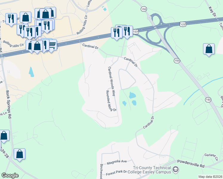 map of restaurants, bars, coffee shops, grocery stores, and more near 500 Cardinal Woods Way in Easley