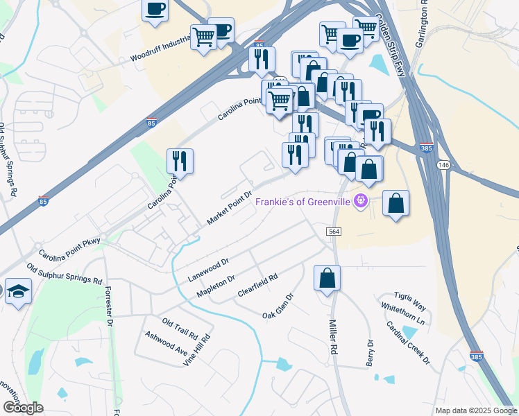 map of restaurants, bars, coffee shops, grocery stores, and more near 33 Market Point Drive in Greenville