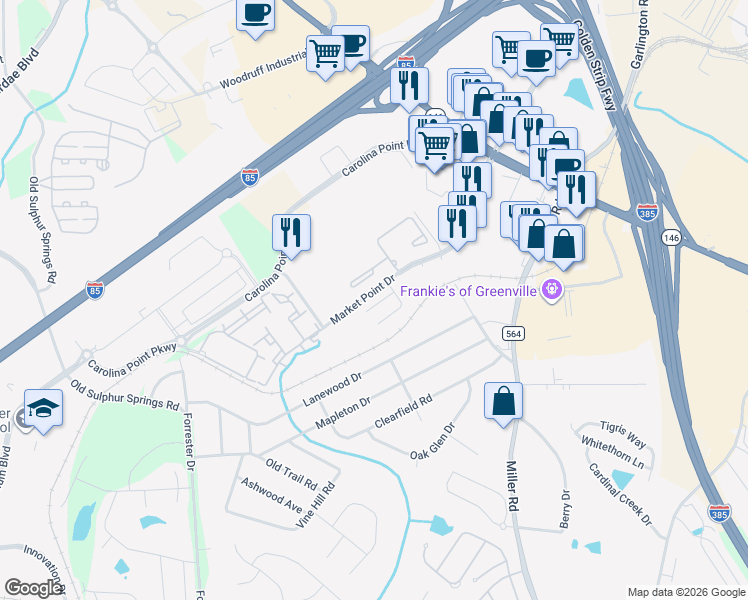 map of restaurants, bars, coffee shops, grocery stores, and more near 39 Market Point Drive in Greenville