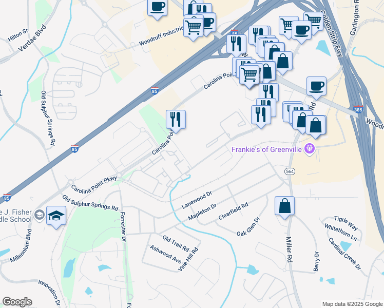 map of restaurants, bars, coffee shops, grocery stores, and more near 40 Market Point Drive in Greenville