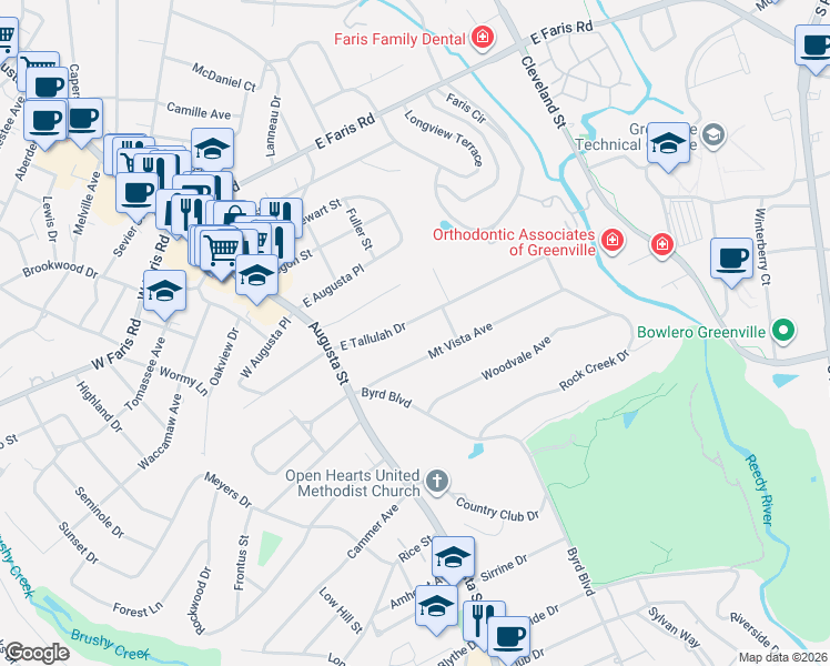 map of restaurants, bars, coffee shops, grocery stores, and more near 41 Mount Vista Avenue in Greenville