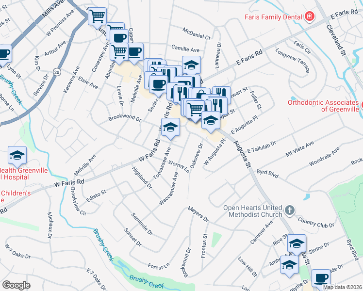 map of restaurants, bars, coffee shops, grocery stores, and more near 101 Waccamaw Avenue in Greenville