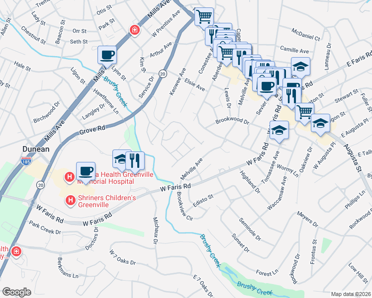 map of restaurants, bars, coffee shops, grocery stores, and more near 727 Quail Run in Greenville