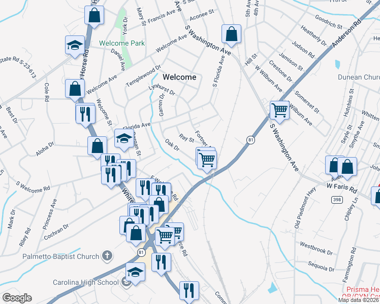 map of restaurants, bars, coffee shops, grocery stores, and more near 107 Oak Drive in Greenville
